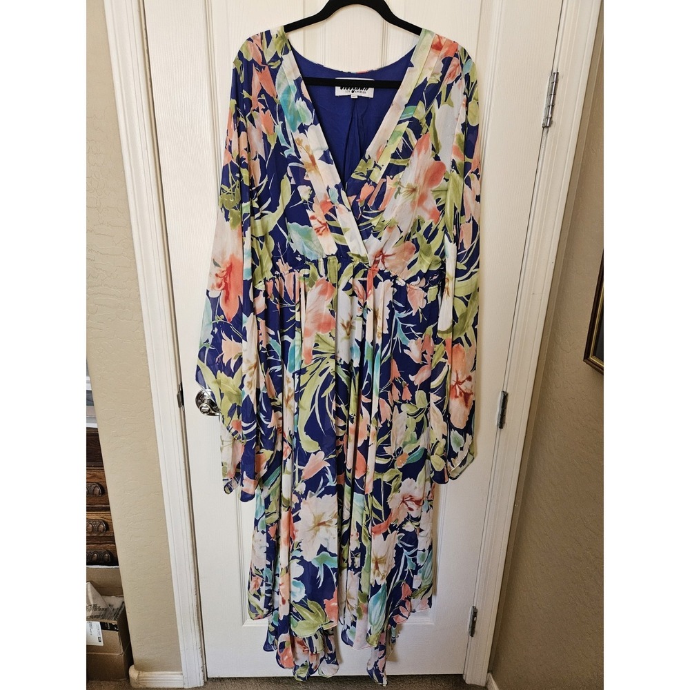 Meghan LA Sunset Watercolor Floral Print Lined V-Neck Maxi Dress, Plus 3XL